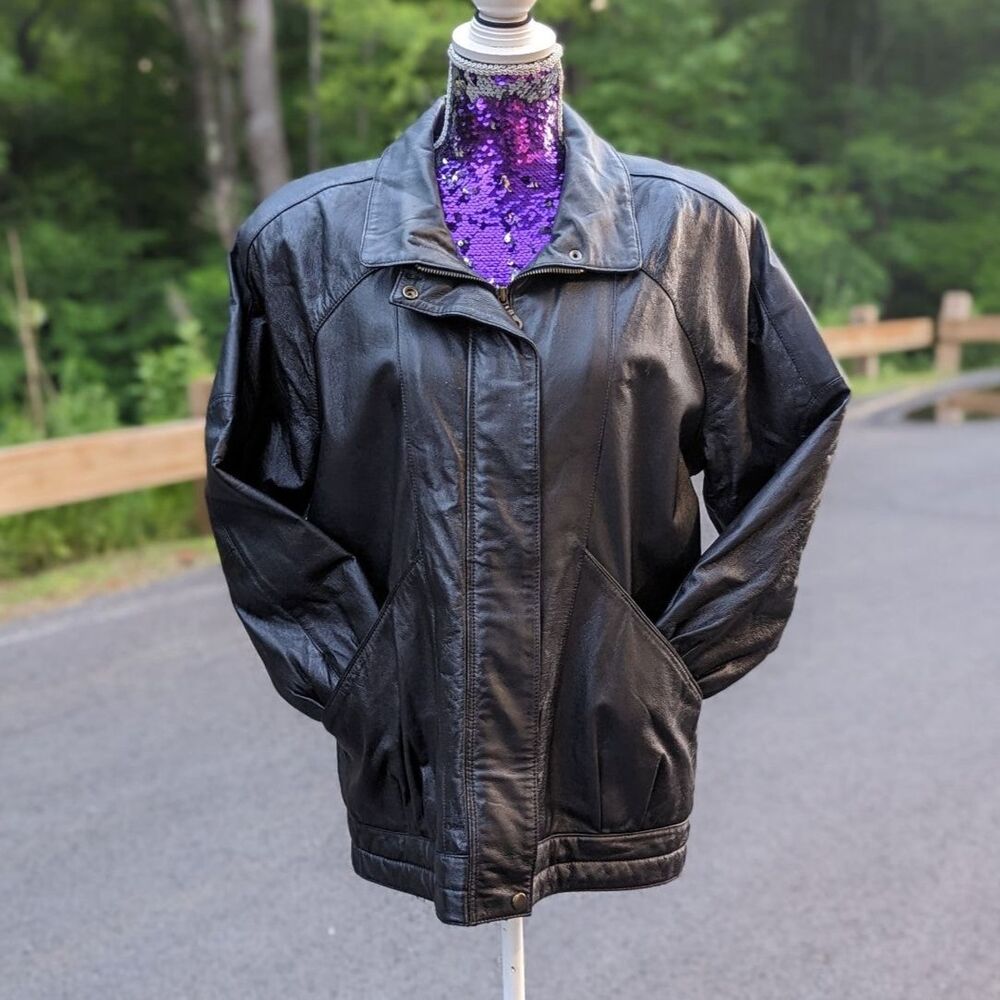 Mob Wife Y2K Vintage Liz Baker Black Genuine Leather Biker Moto Jacket Size L